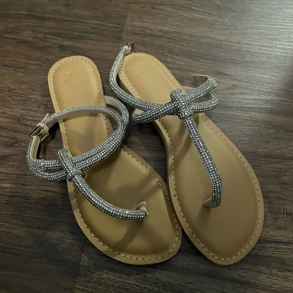 JustFab Tan Sandals with Silver Beaded Straps